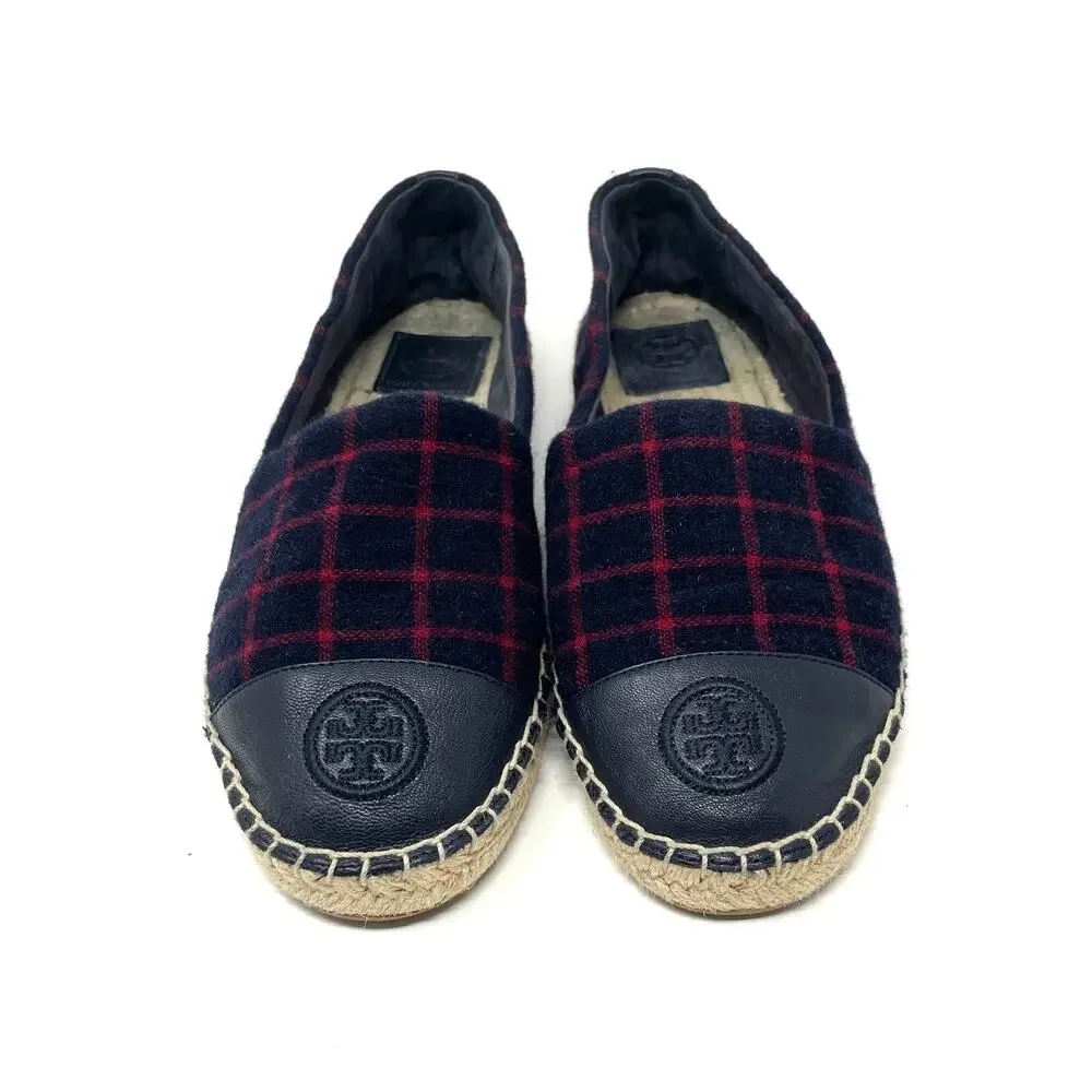 Tory Burch Color Block Espadrille - Flats - Plaid - Wool - Navy Red - Size 9